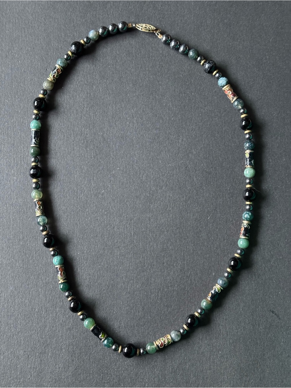 Vintage Jade Onyx Hematite Necklace | Cloisonné Bead Gold Clasp | 18 IN - Picture 6 of 6